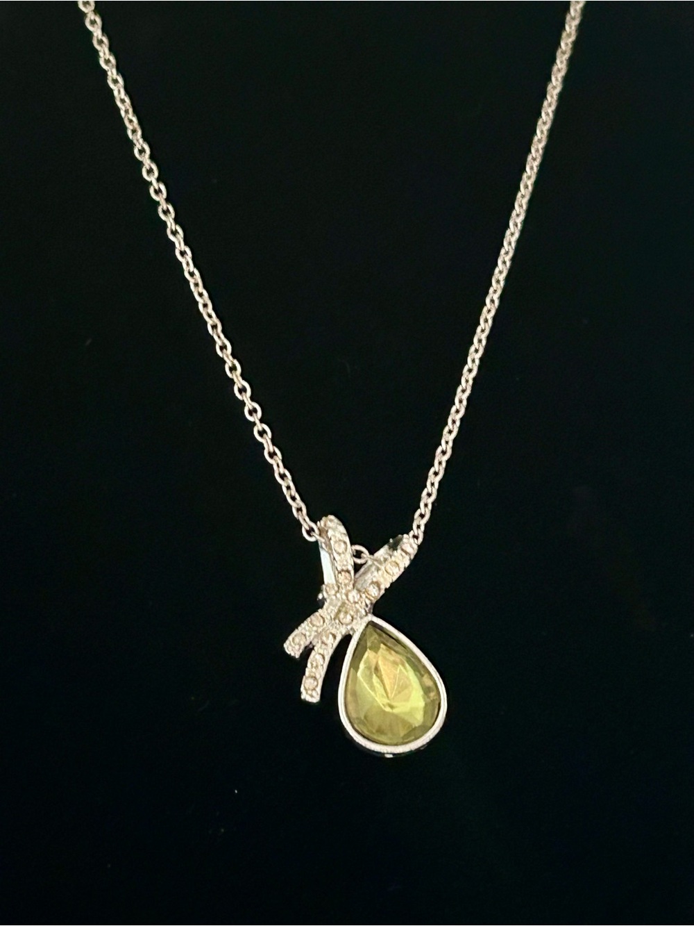 Silver Tone Bow Pendant Necklace with Green Teardrop Gem, Formal, Bridal